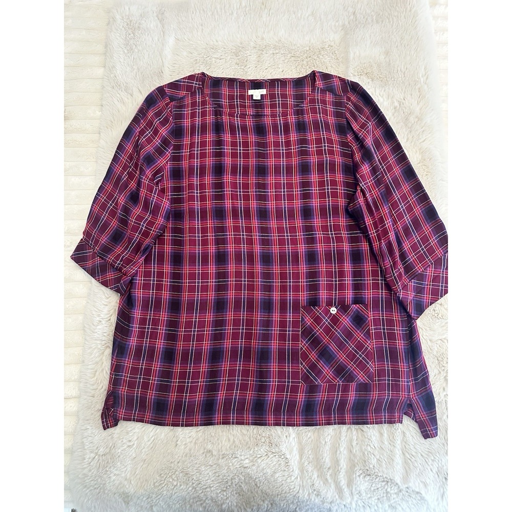 J Jill Womens Blouse ‎ Maroon Purple Plaid Top Size XL